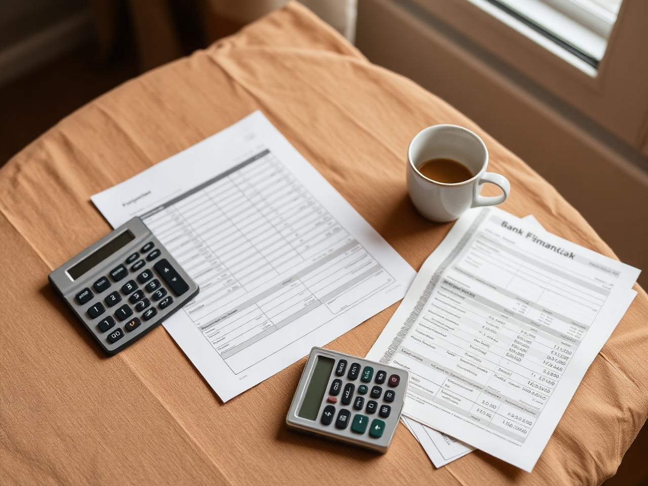 Financial worksheet, calculator, and bank statements arranged on a linen table