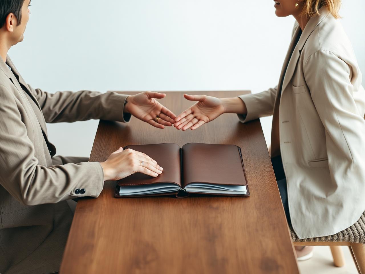 Two professionals seated at a wooden table with an open leather portfolio between them