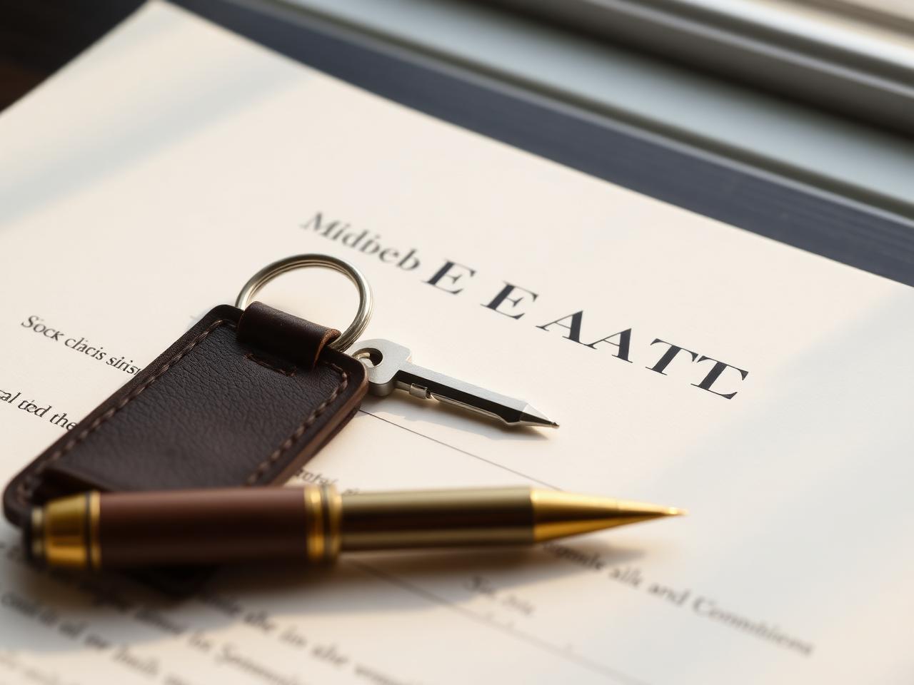 A single key on a leather keychain resting on a signed legal document with a fountain pen