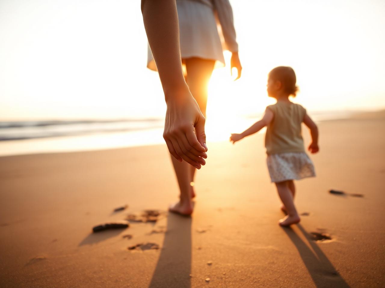 A parent and small child walking hand in hand on a quiet beach at sunrise
