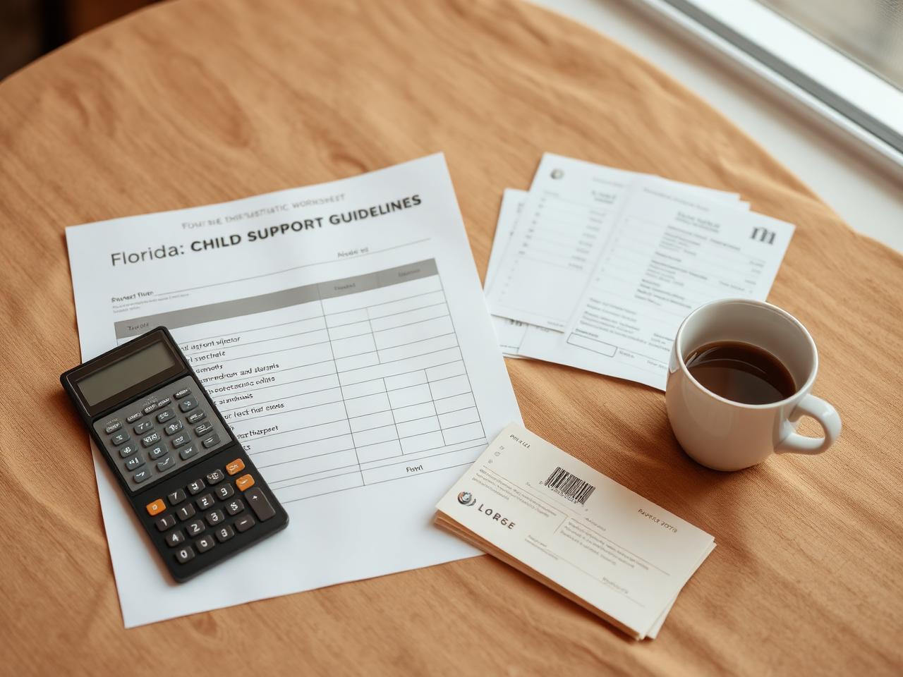 Florida child support guidelines worksheet, calculator, and pay stubs on a wooden table