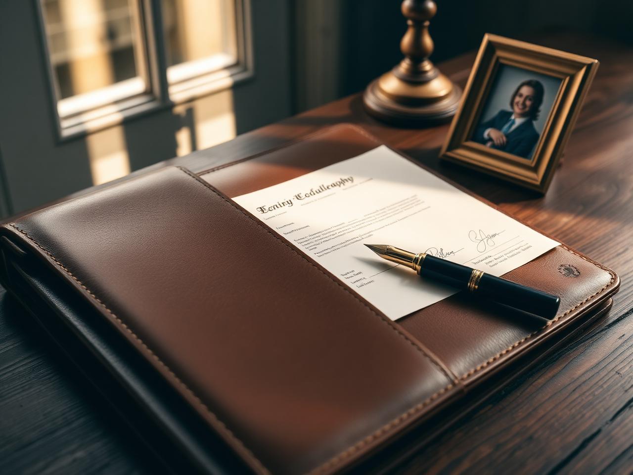 A leather portfolio with a signed legal document and fountain pen on a wooden desk