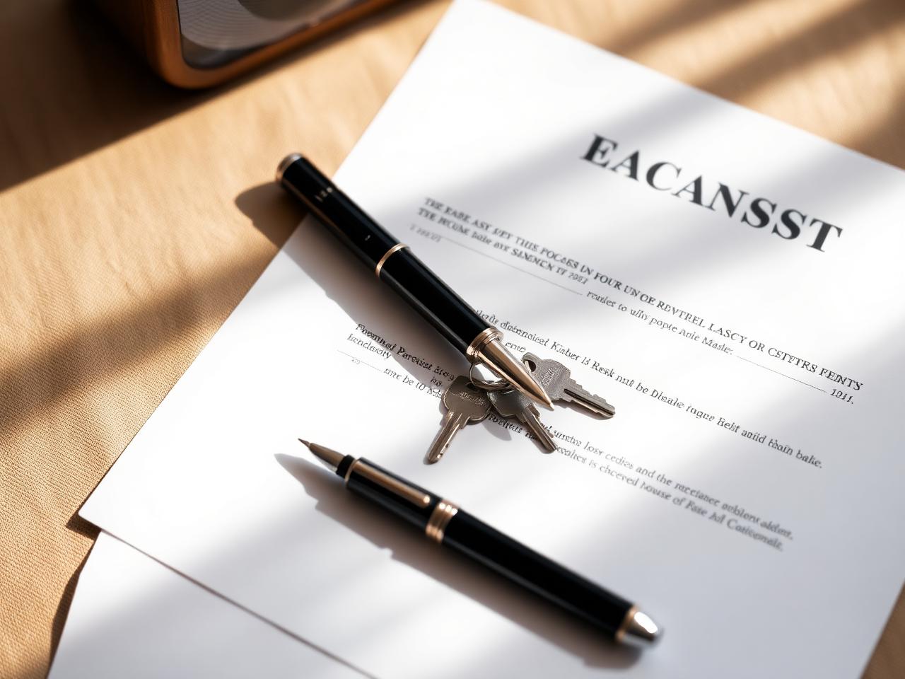A real estate purchase contract, fountain pen, and a small set of keys on a linen tabletop