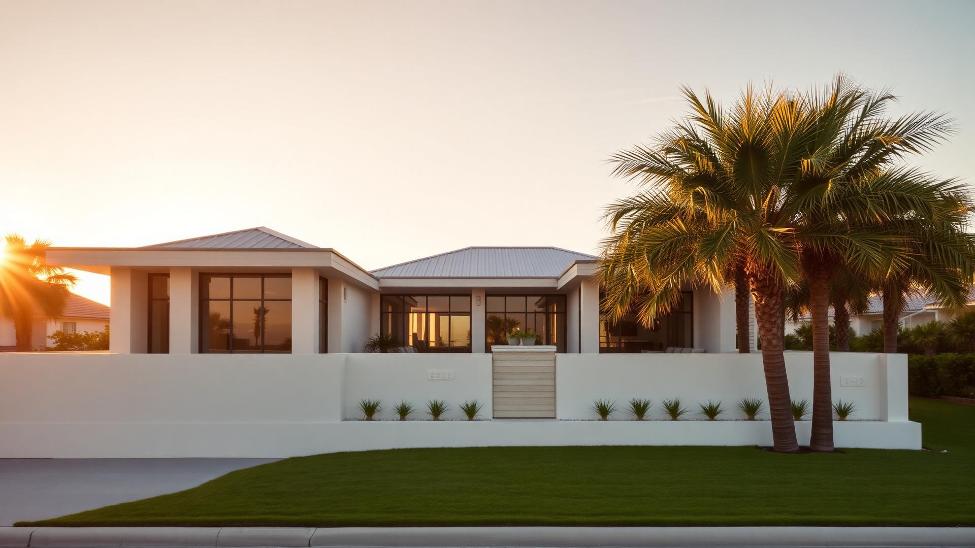 A Palm Beach home exterior at golden hour