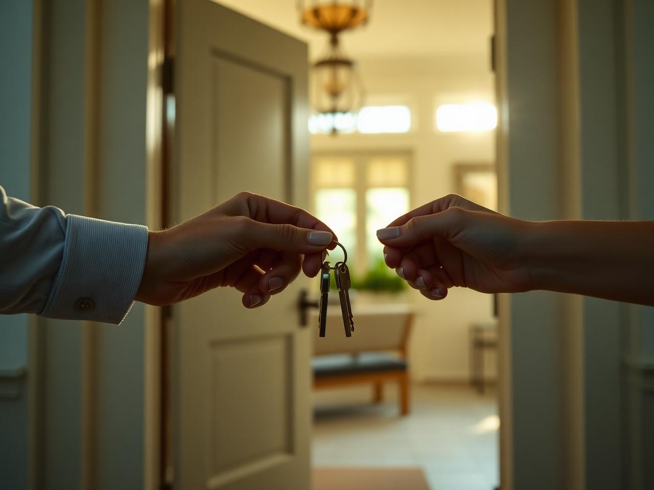 Hands passing house keys at the front door of a beautiful coastal Florida home