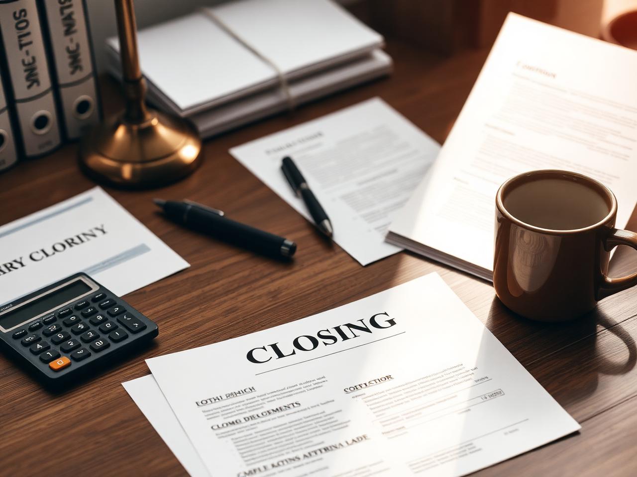 An attorney's desk with closing documents, a calculator, and a coffee cup in warm afternoon light