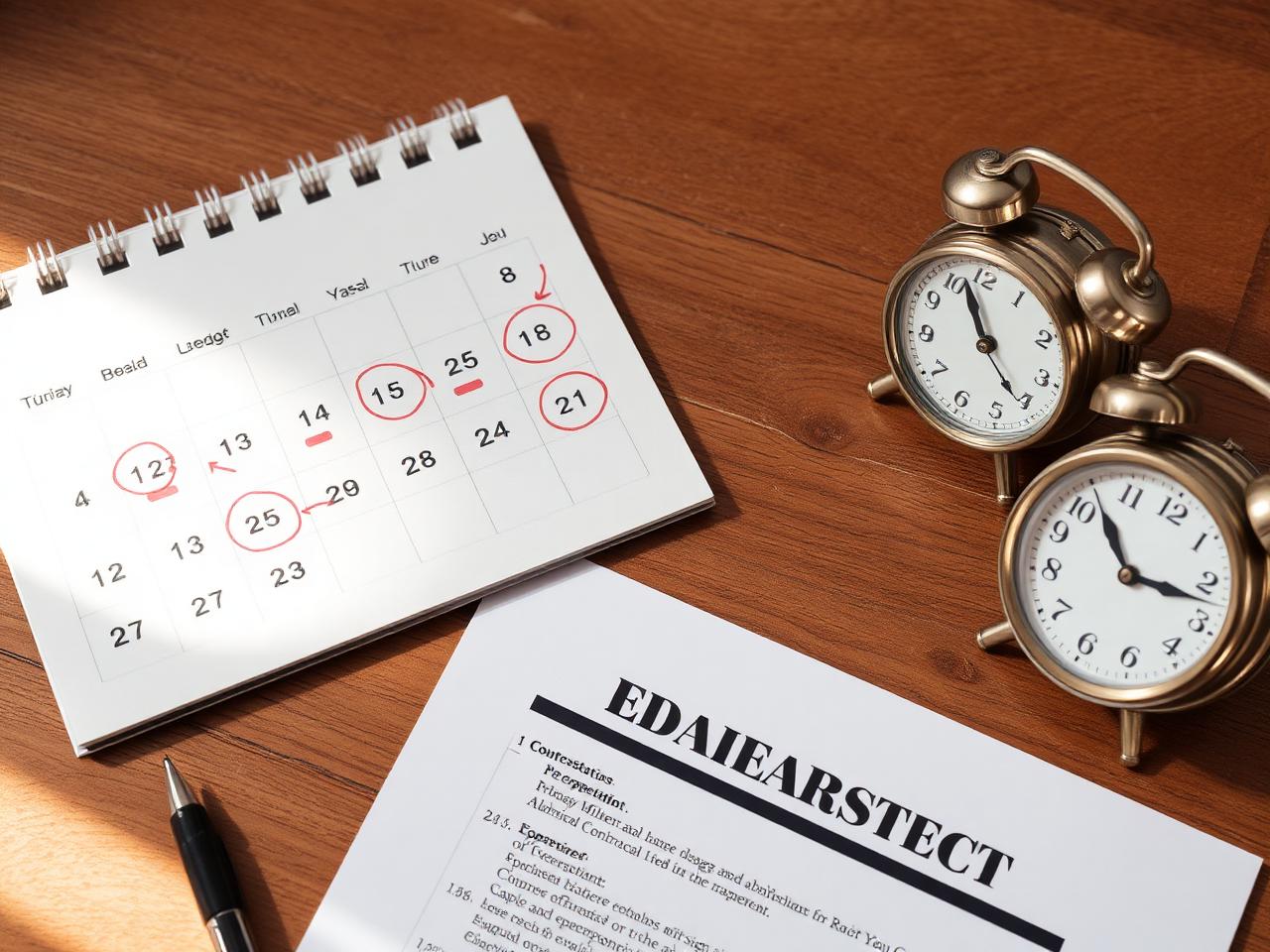 A calendar with circled deadlines beside a real estate contract and small clocks on a wooden desk