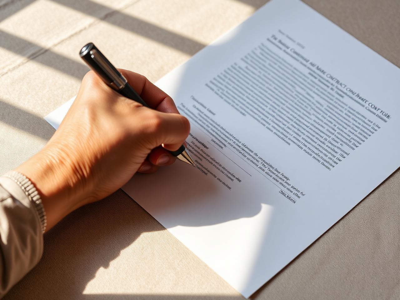 A hand annotating a real estate contract with margin notes and a fountain pen in warm natural light