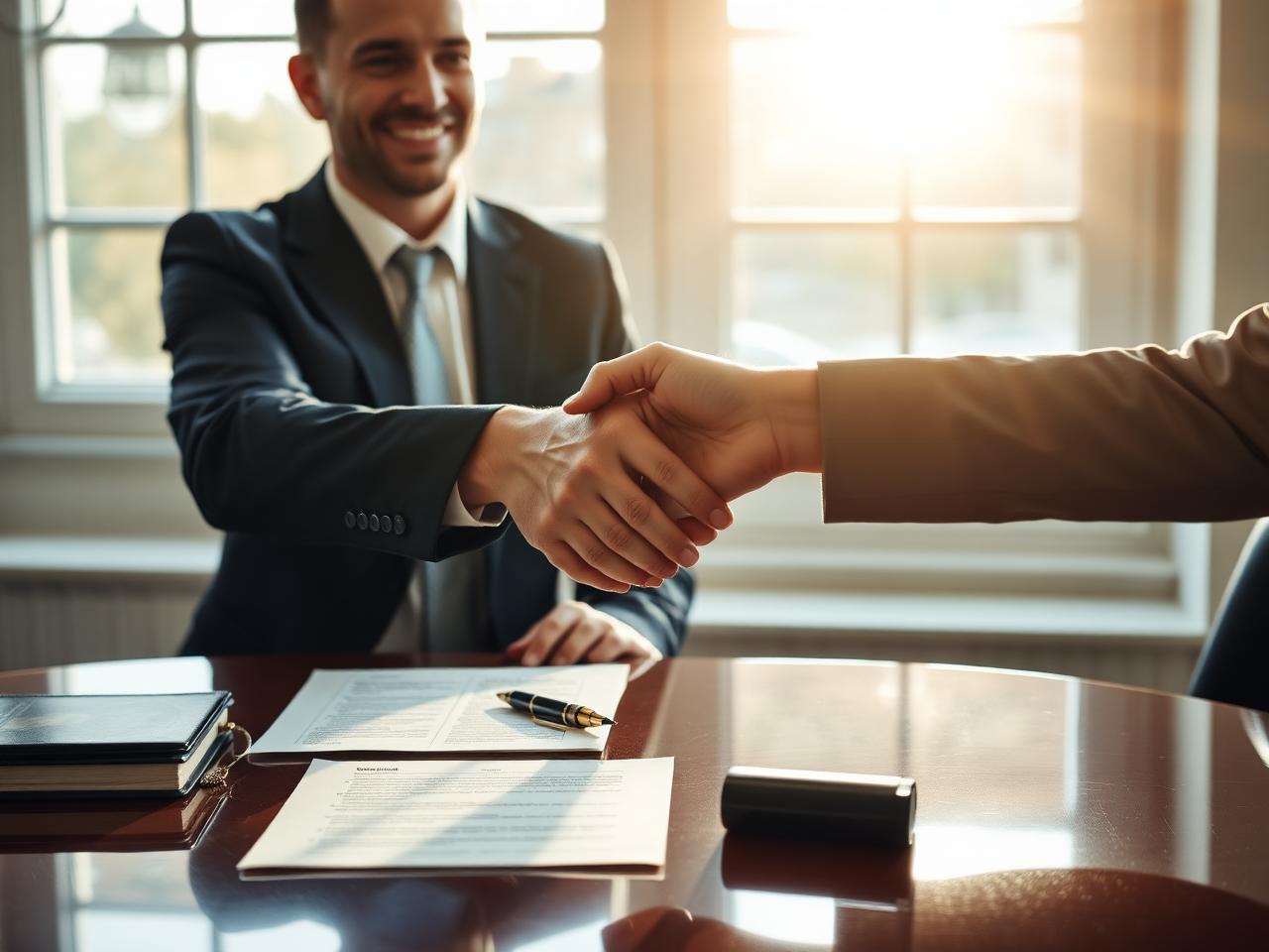 Two professionals shaking hands across a polished table with a signed contract and pen between them