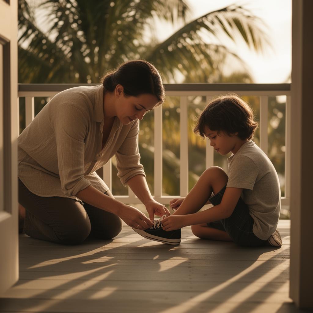 A parent kneeling to help a child tie their shoes on a sunlit porch