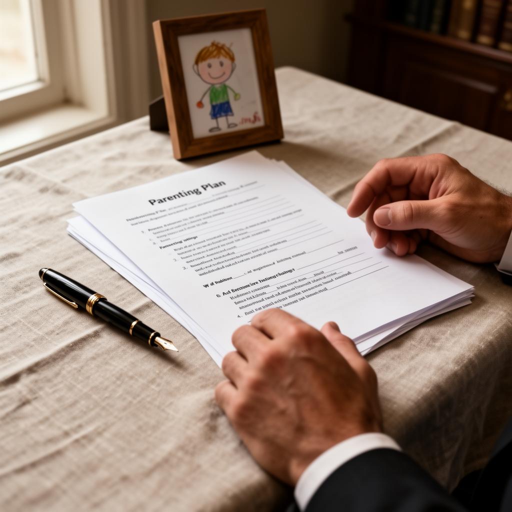 Hands reviewing a parenting plan document beside a child's drawing in a frame