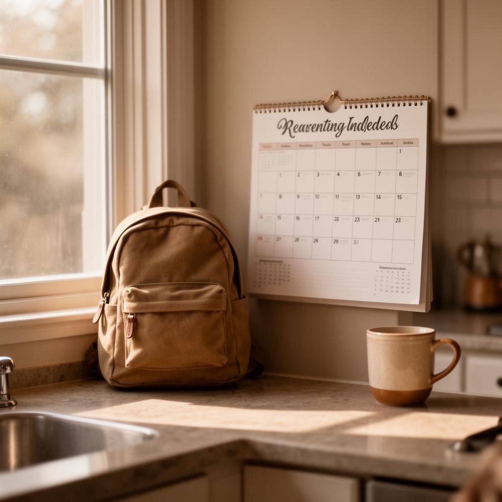 A child's backpack and a wall calendar in a sunlit kitchen