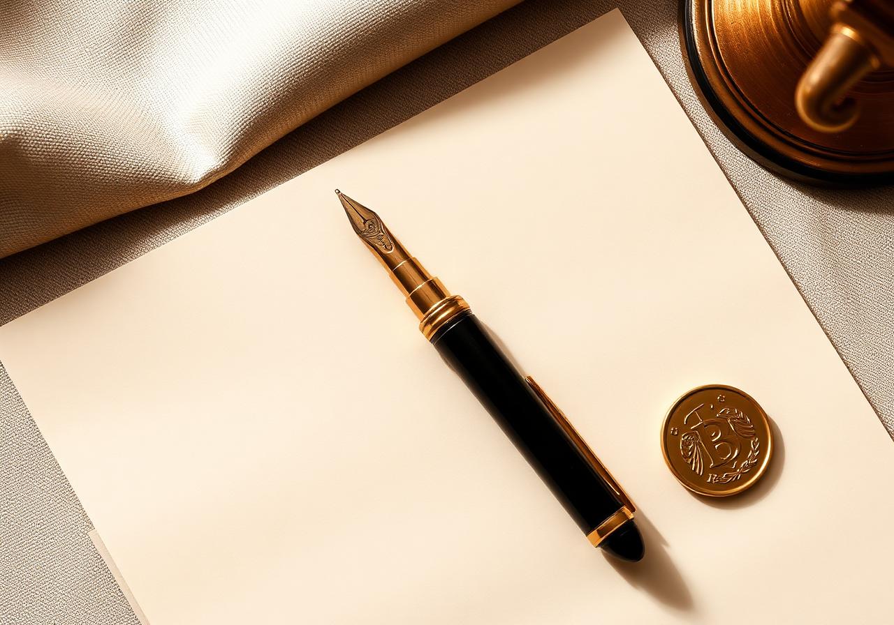 A property deed document with an embossed seal and gold fountain pen on a linen tabletop