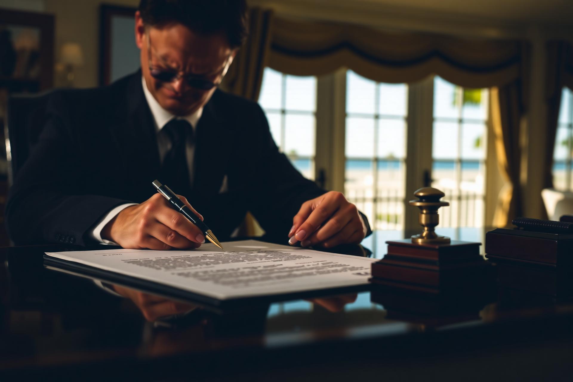 A notary signing a property deed with an embossed seal nearby