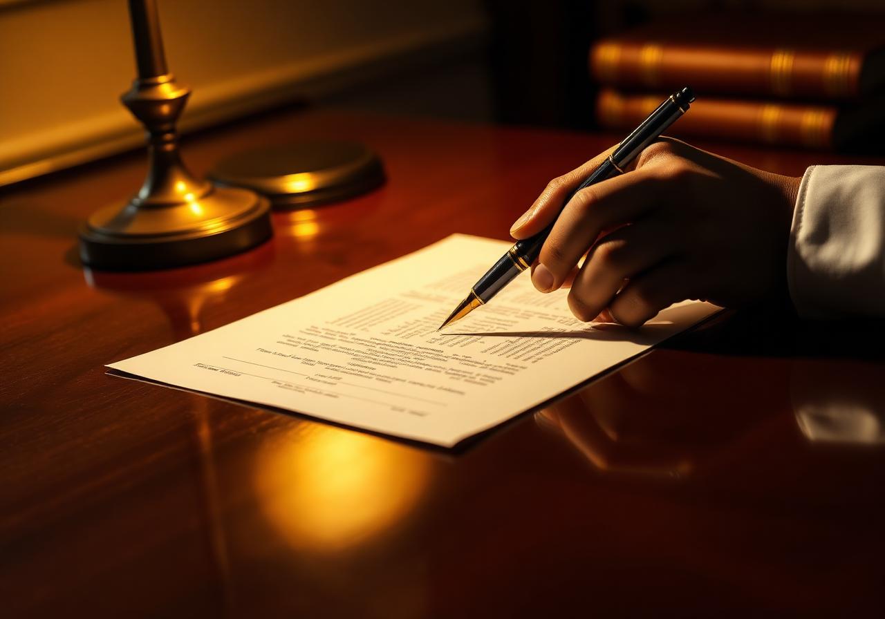 An attorney's hands carefully reviewing a property deed at a wooden desk in warm natural light