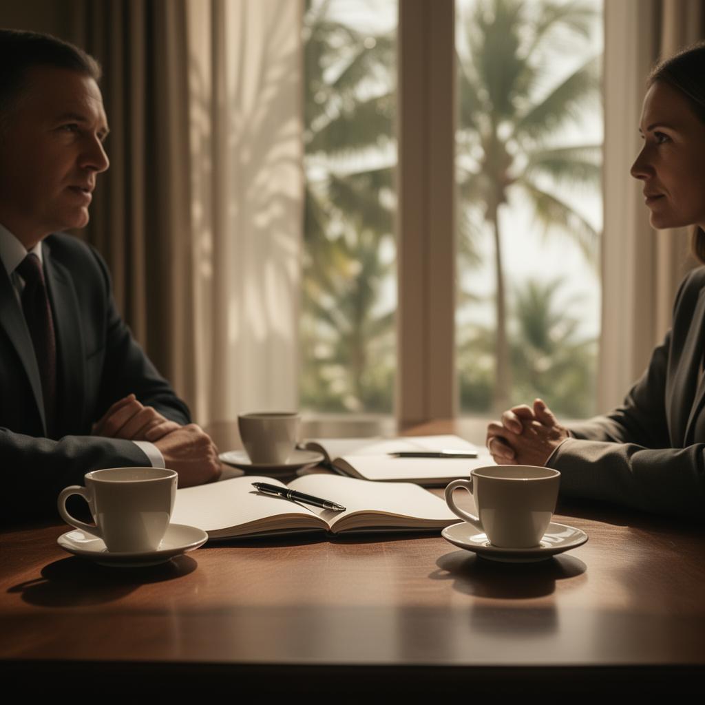 Attorney and client speaking quietly across a table with coffee and an open notebook