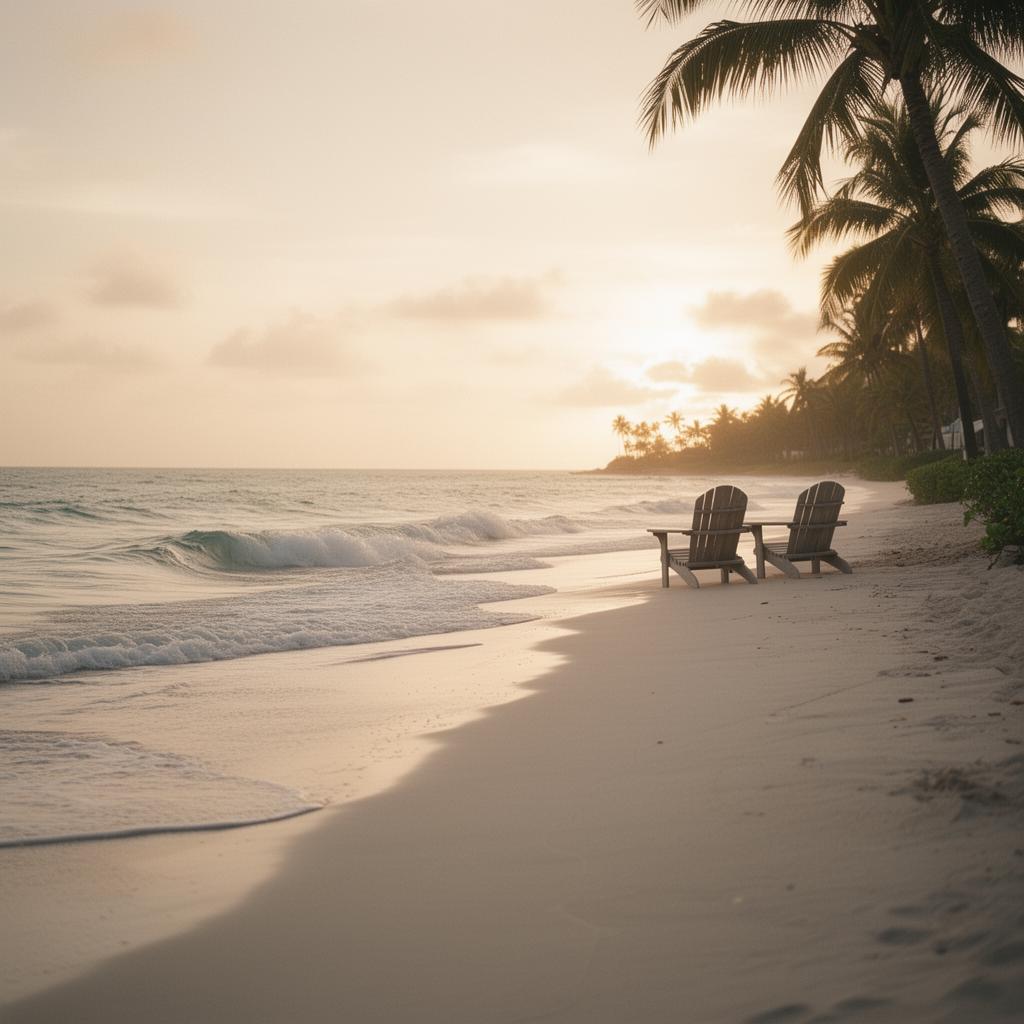 Two empty chairs facing the ocean at sunrise on a quiet Florida beach