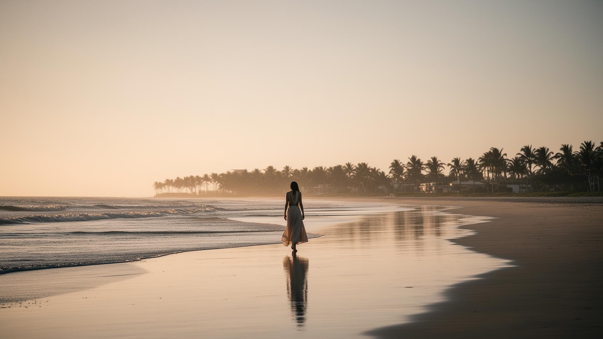 Quiet coastal home interior at golden hour