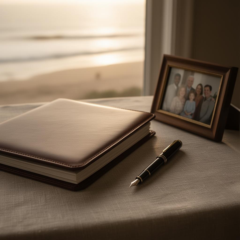 A leather legal folder, fountain pen, and family photograph on a linen tabletop