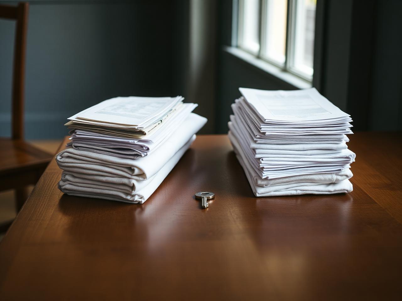 Two balanced stacks of folded linen and documents with a single key between them