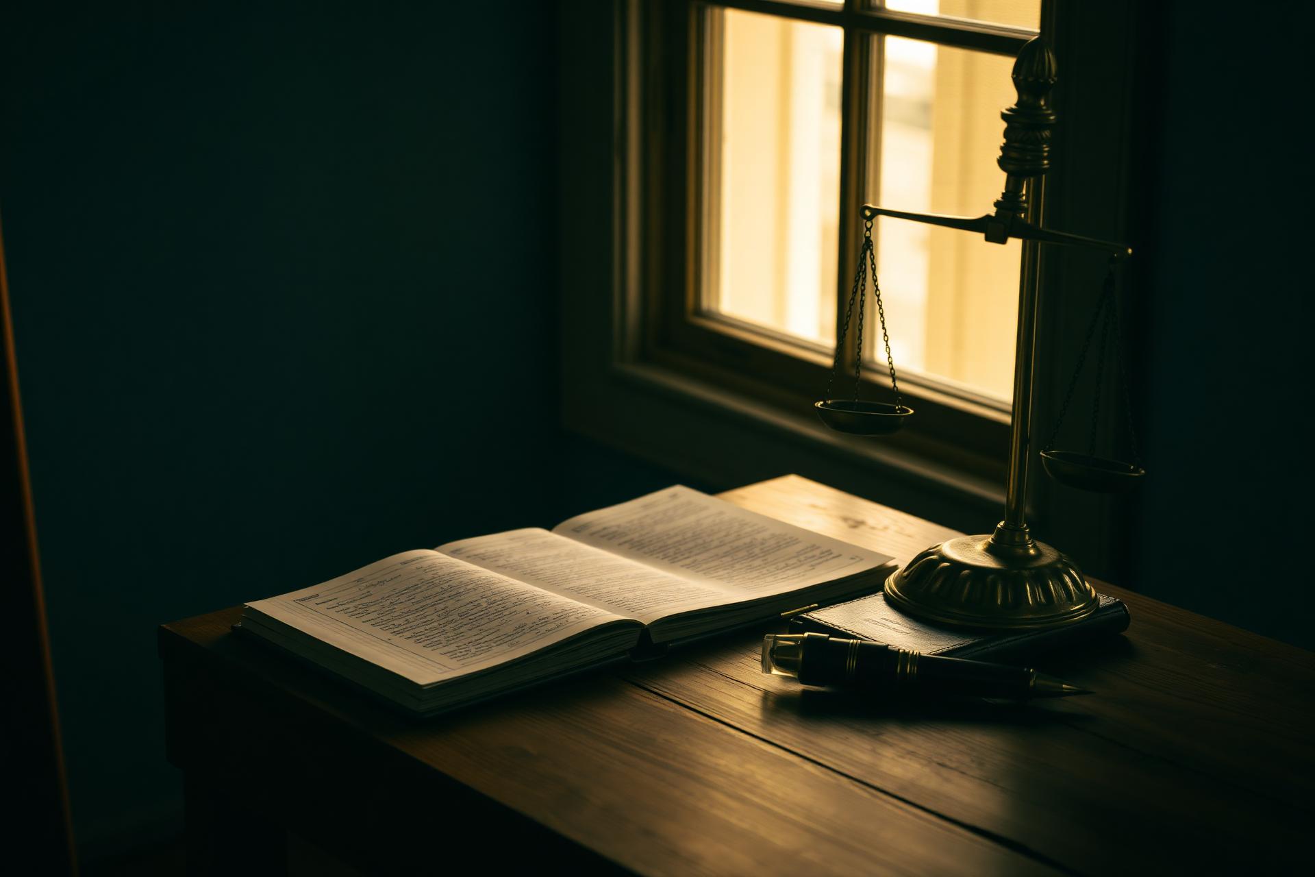 Brass balance scale beside a leather-bound ledger