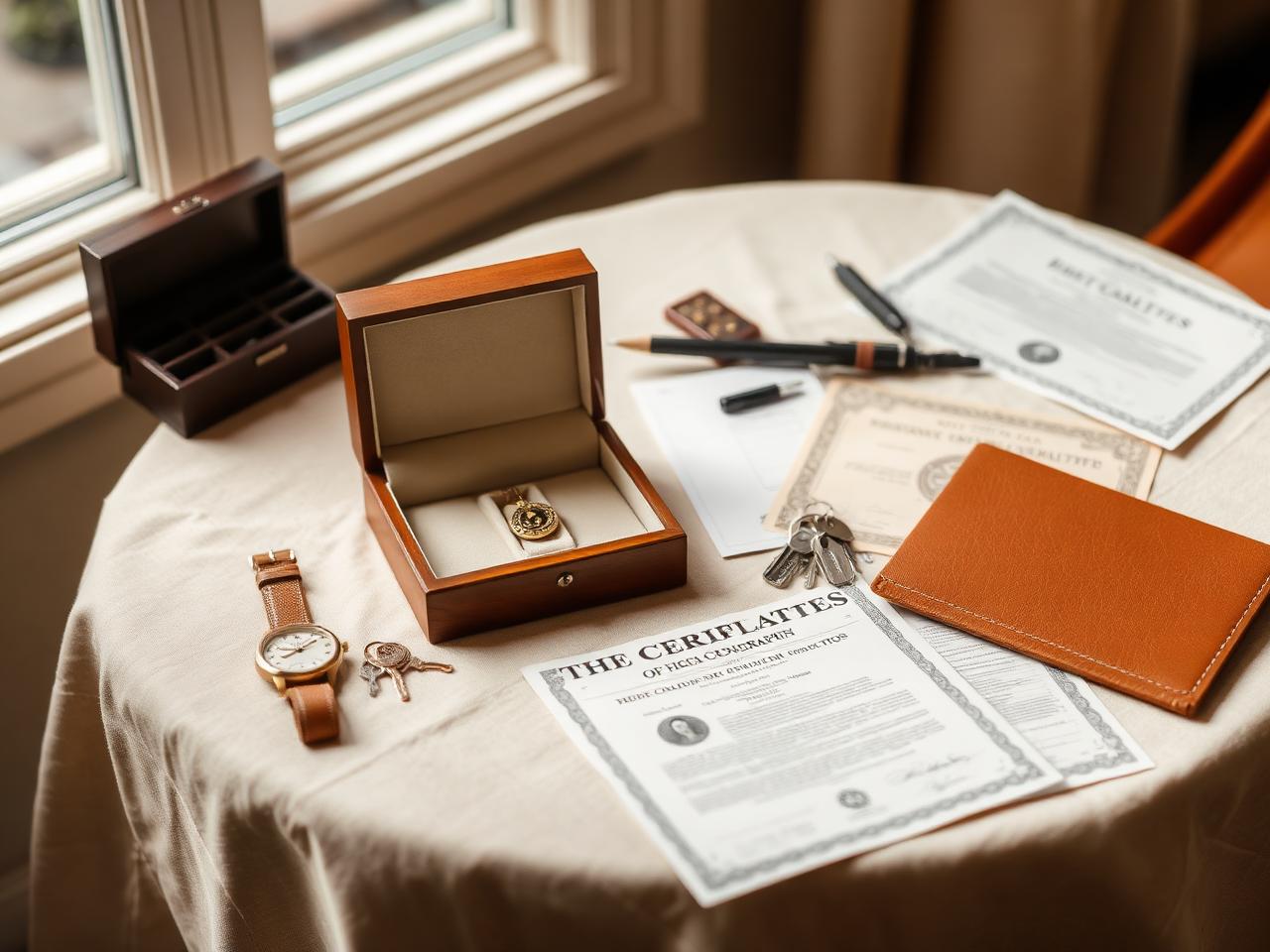 Personal belongings, certificates, and documents arranged on a linen tabletop