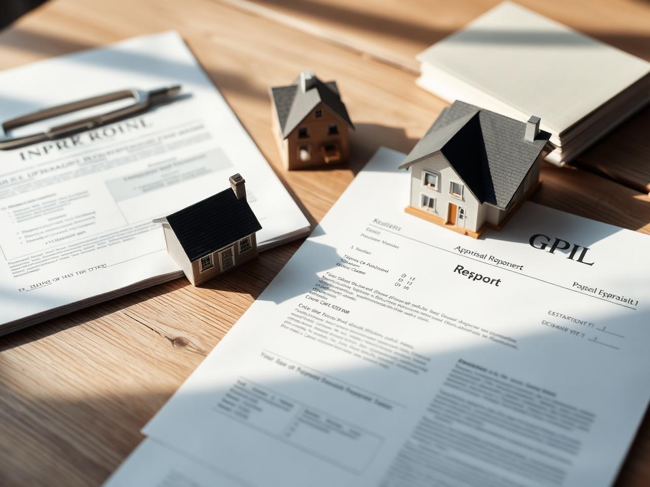 Property appraisal report and a small architectural model of a house on a wooden desk