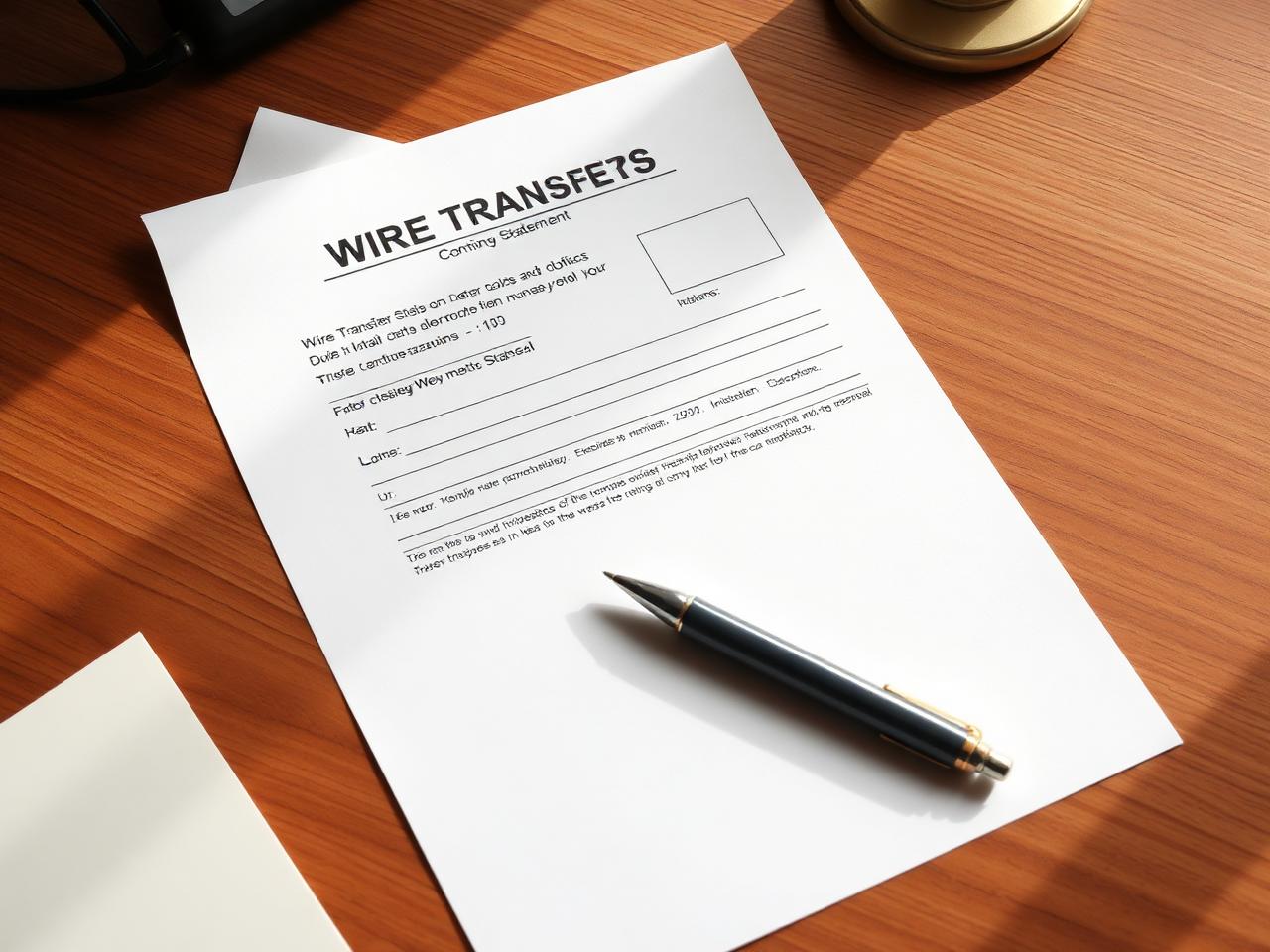 A wire transfer confirmation document with closing statement and pen on a wooden desk