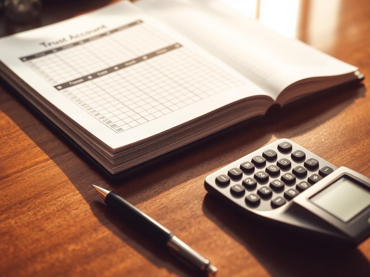 A trust account ledger with neat columns, calculator, and pen on a polished wooden desk in warm light