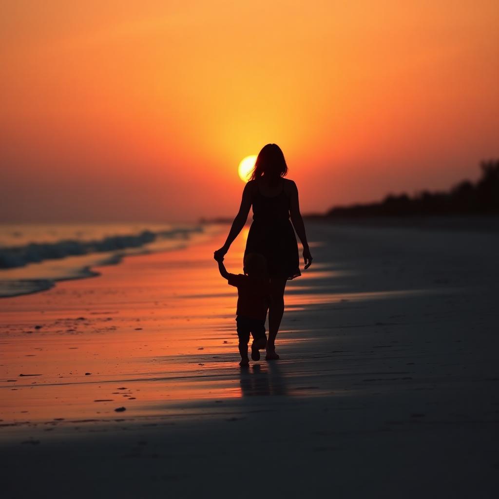 Parent and child silhouette at sunset on a Florida beach
