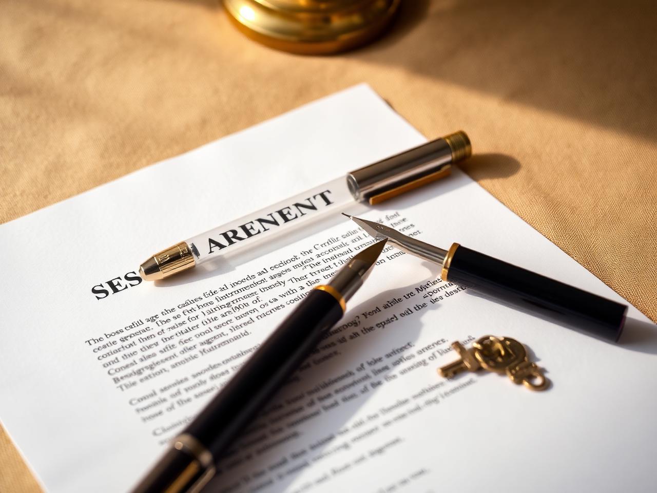 A signed escrow agreement, fountain pen, and a small brass key on a warm linen tabletop