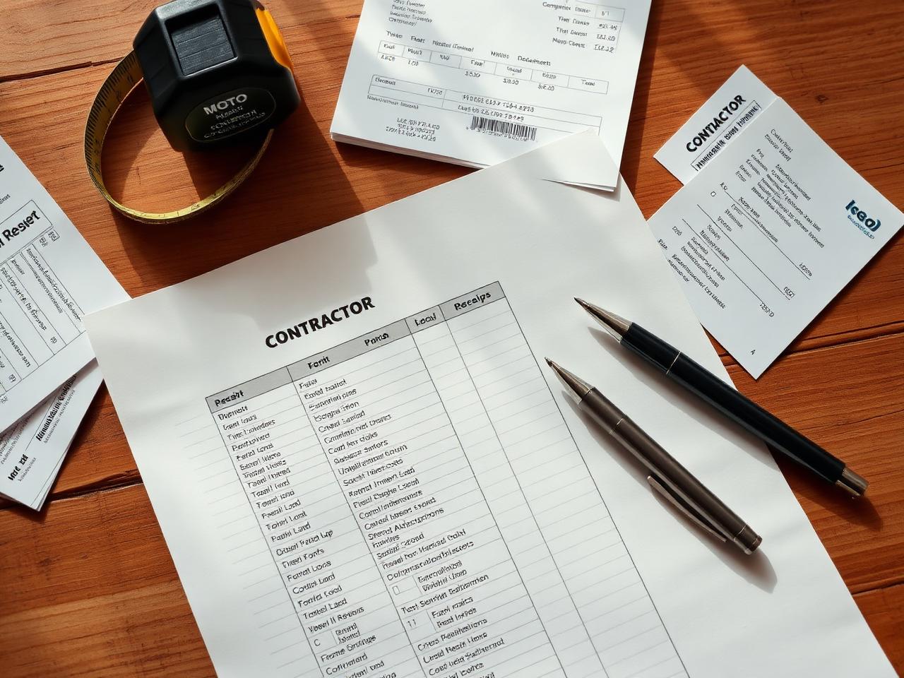 A contractor's punch list and receipts beside a tape measure and pen on a wooden desk