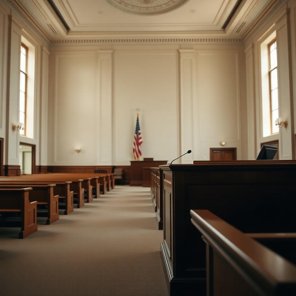 An elegant, quiet courtroom interior with warm wooden pews and soft natural light