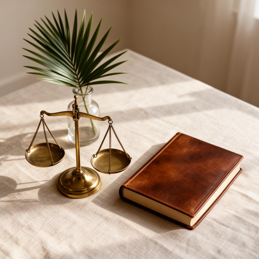Brass scales of justice and a leather legal book in soft natural light