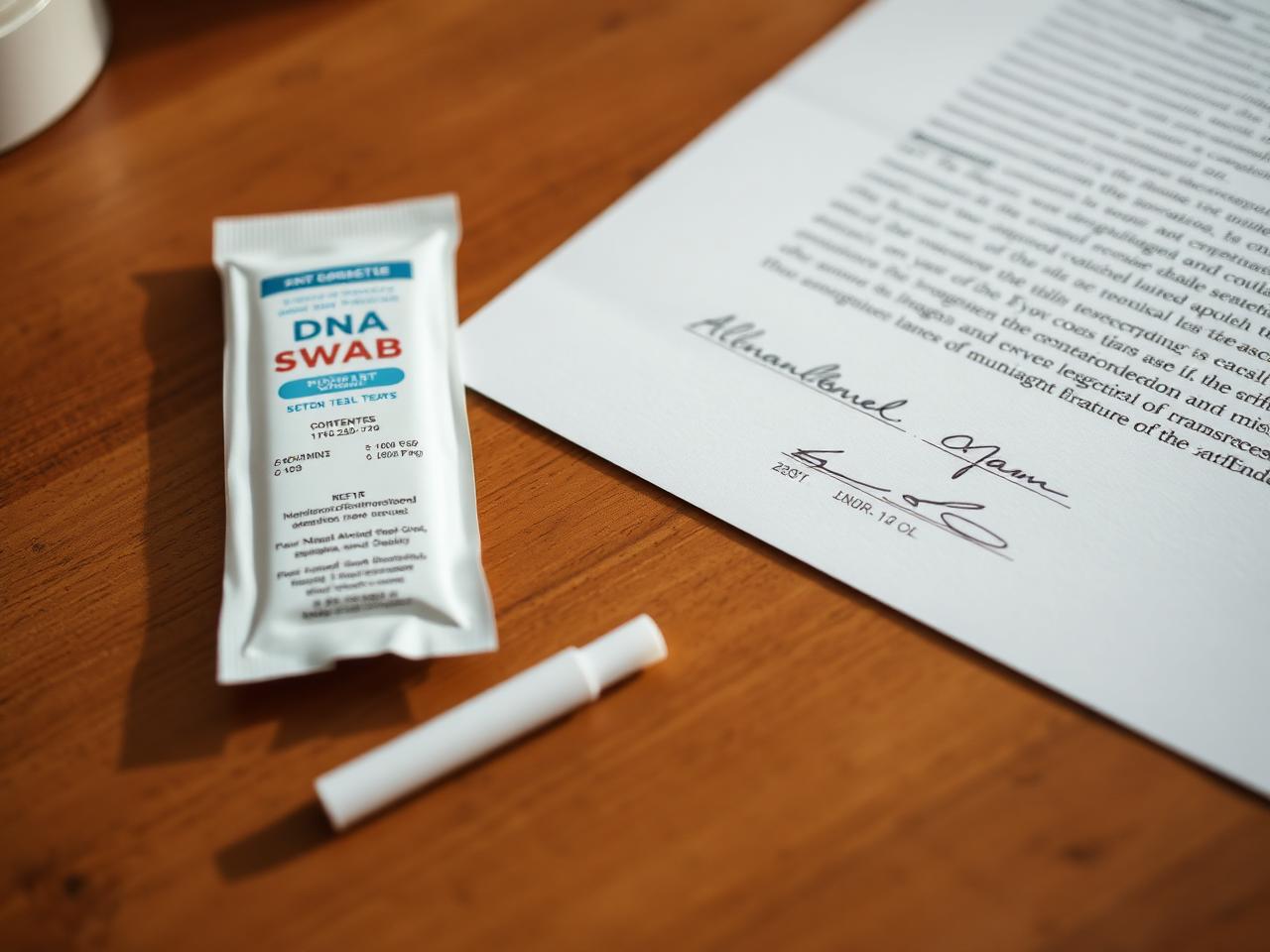 A DNA test swab kit beside a signed acknowledgment of paternity document on a wooden desk