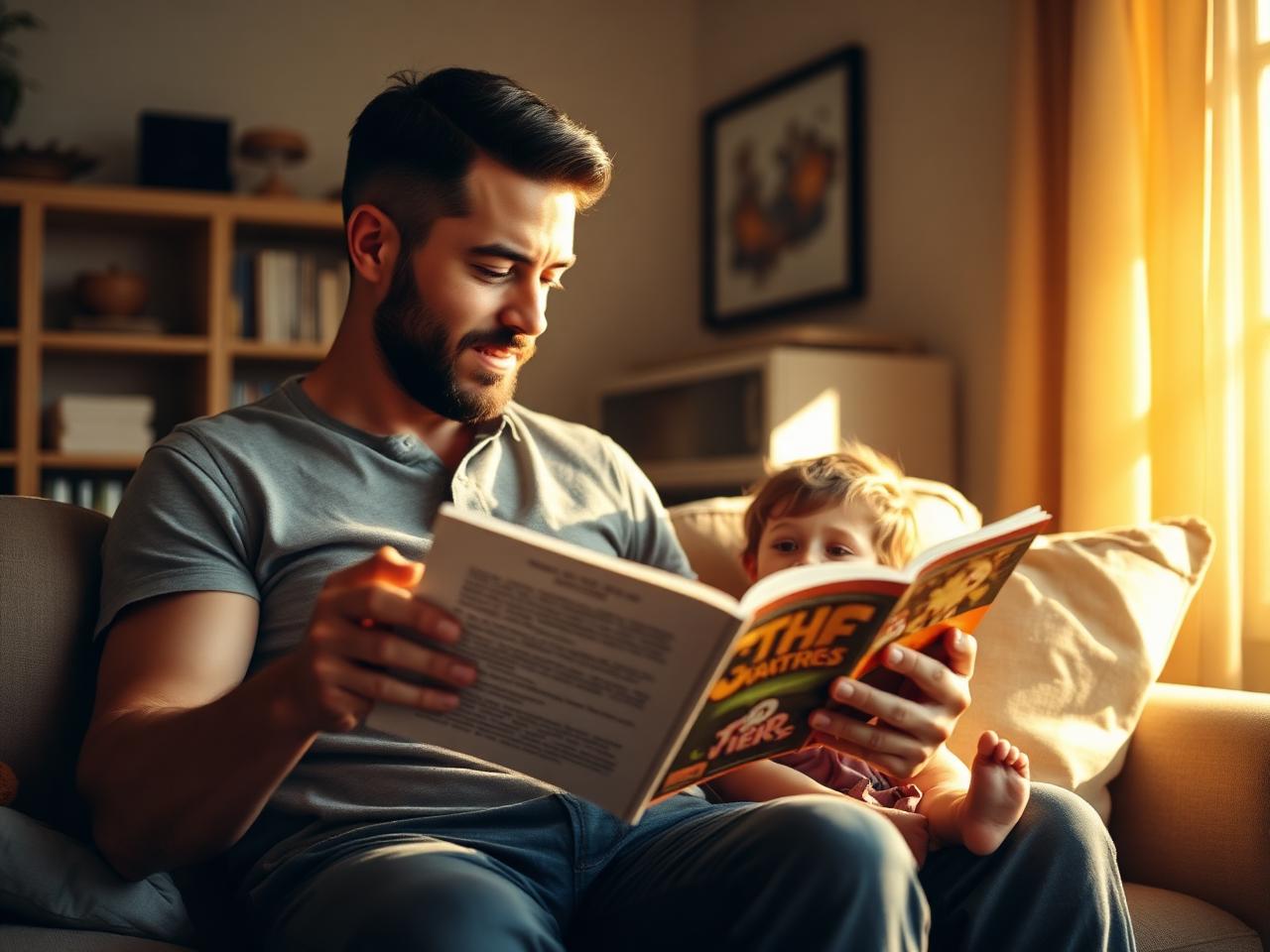 A father reading a storybook to his small child on a sunlit couch