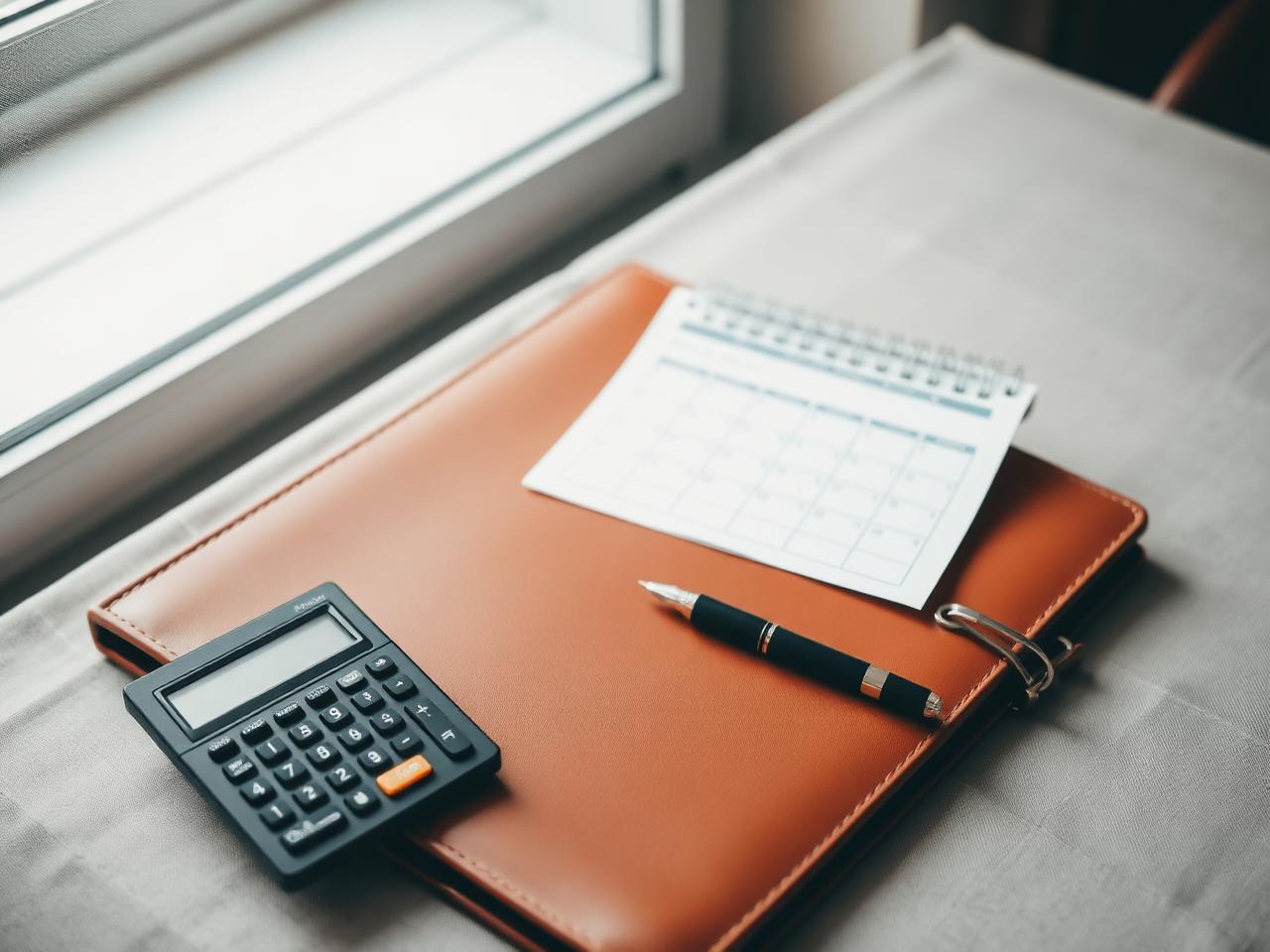 A leather portfolio with calculator, parenting plan calendar, and fountain pen on a linen tabletop