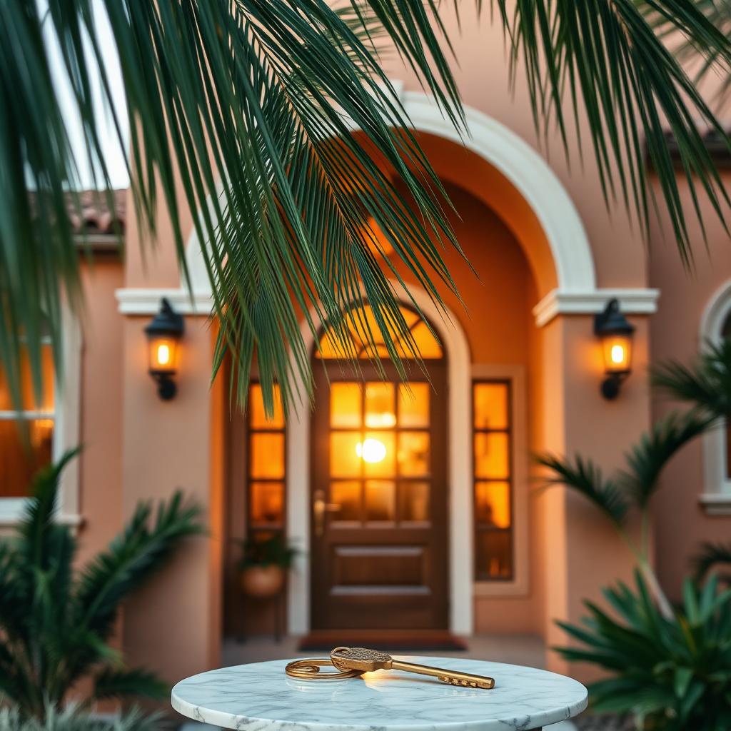Coastal Florida home exterior at sunset with arched doorway