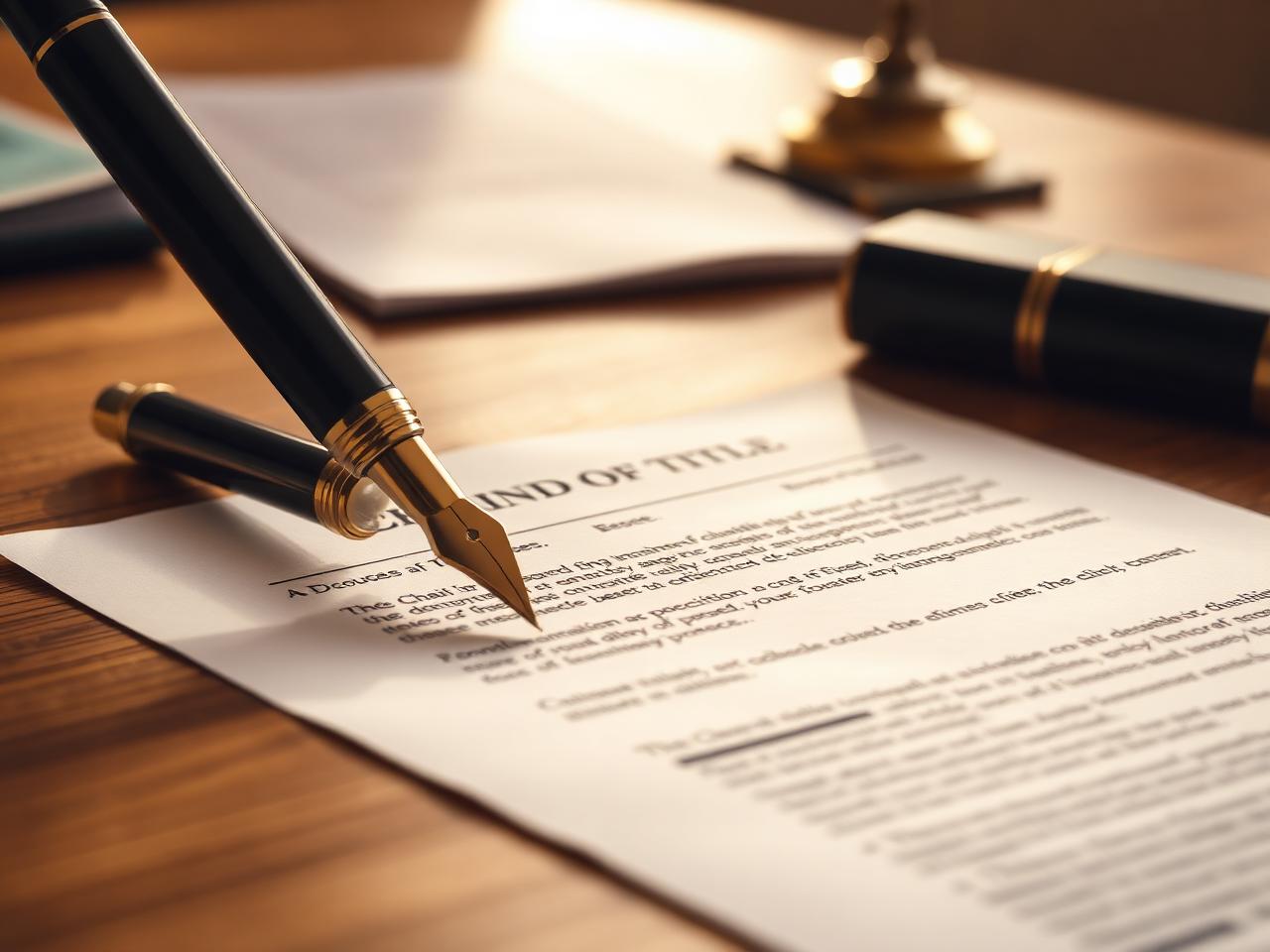 A fountain pen marking up a chain of title document on a polished wooden desk in warm golden light