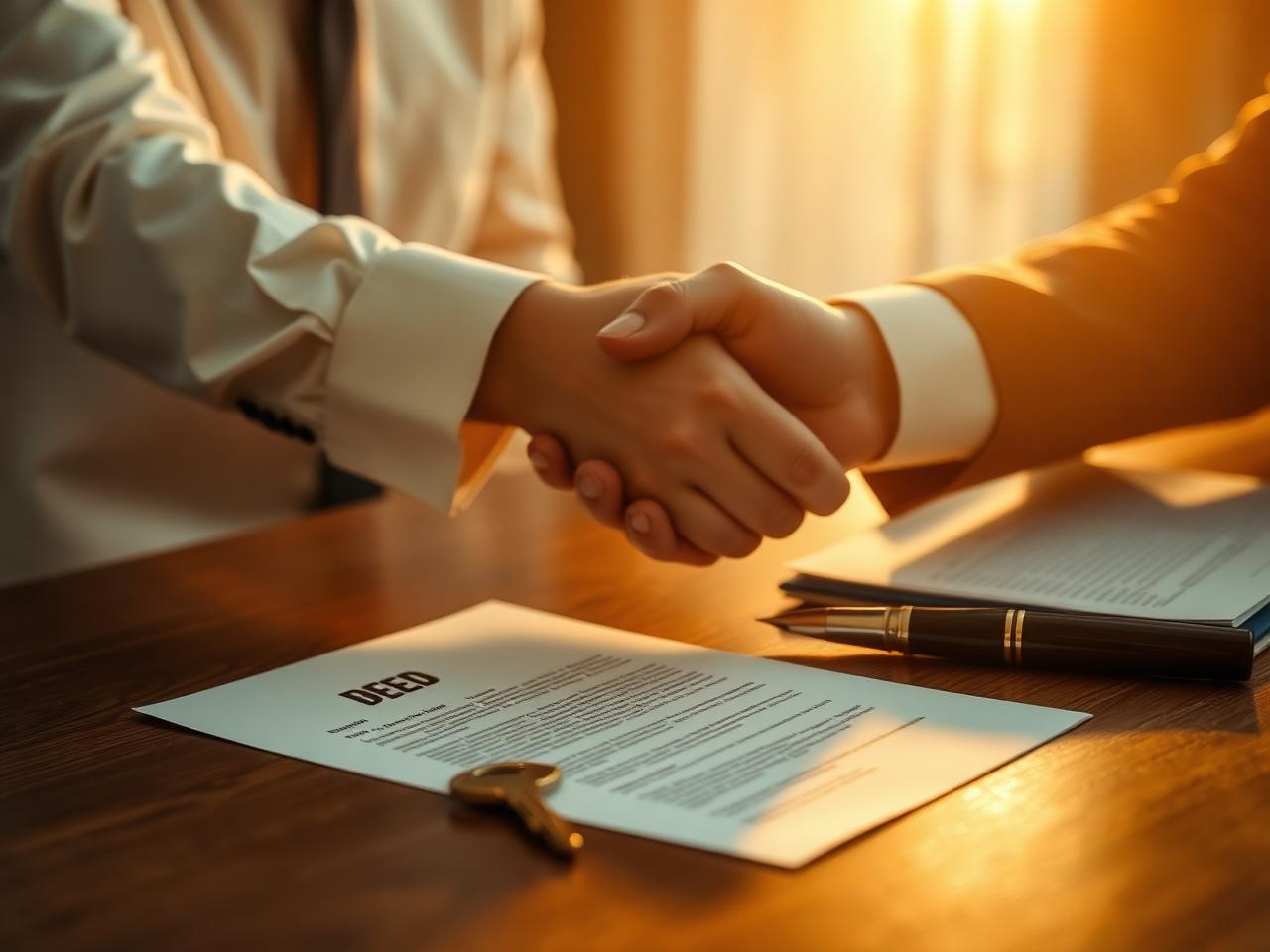 A handshake over a property deed at a real estate closing