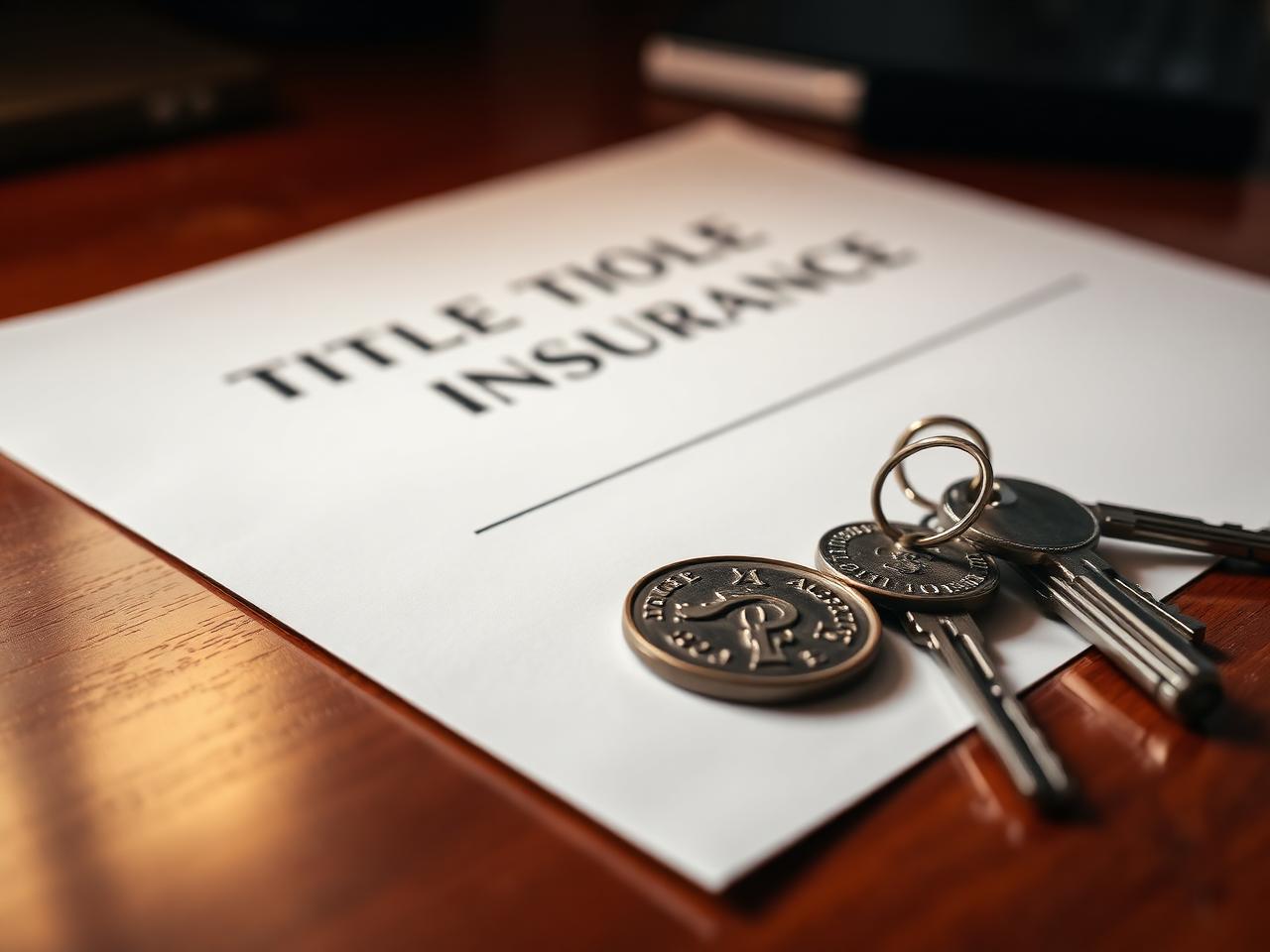 A title insurance policy document with an embossed seal next to house keys on a polished wooden desk