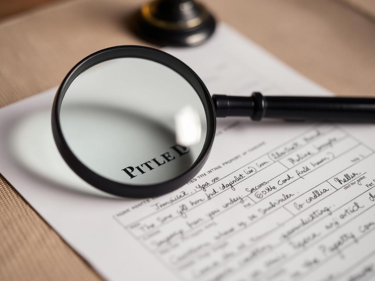 A magnifying glass over a property title document with handwritten records on a warm linen tabletop